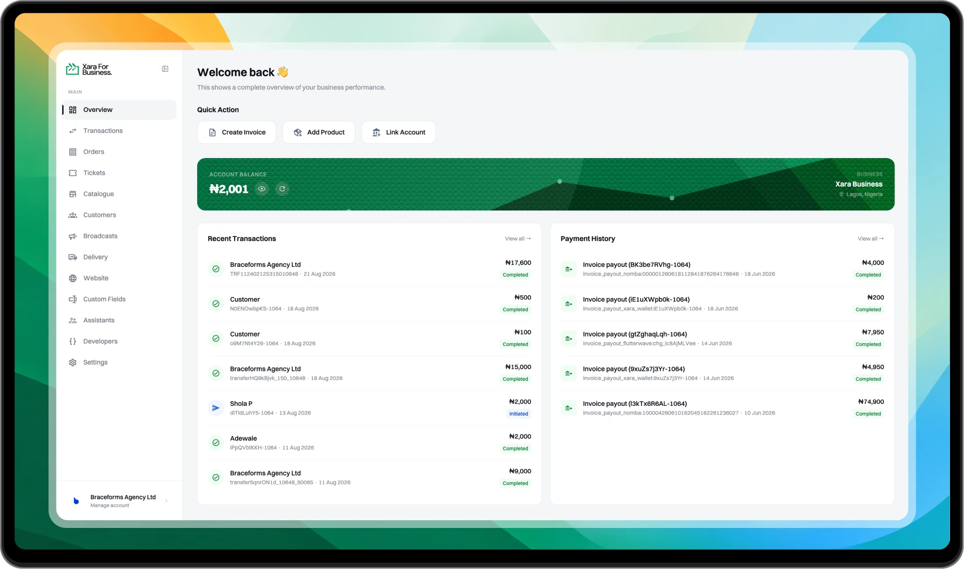 Xara for Business dashboard overview
