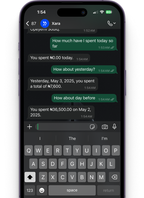 Image of a user using a phone to transfer money using Xara whatapp chat
