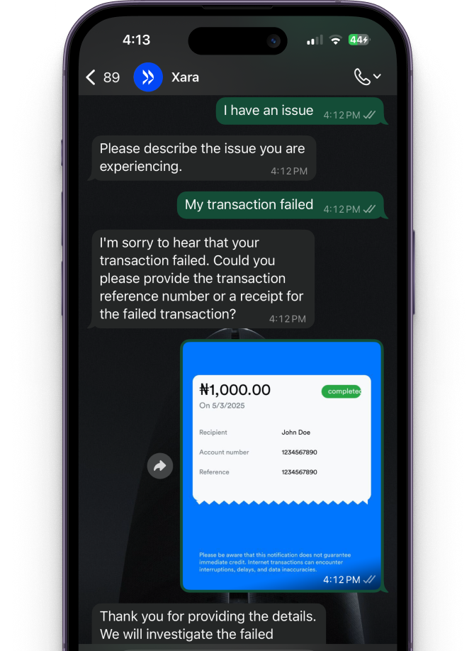 Image of a user using a phone to request support using Xara whatapp chat
